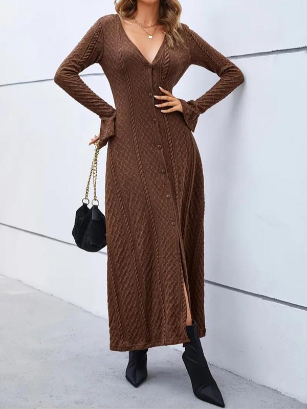 Women's Plain Button Front Split Hem Flounce Sleeve A Line Dress, Casual V Neck Long Sleeve Dress for Fall & Winter, Women's Clothing for Daily Wear