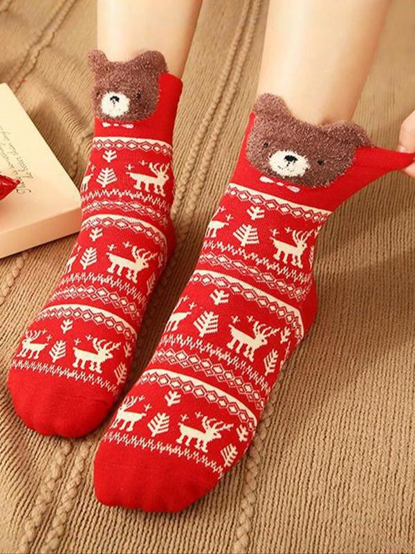 Random Women's Christmas Themed Crew Socks, Cute Cartoon Reindeer & Santa Claus Pattern Mid-calf Socks, Soft Comfy Breathable Socks for Fall & Winter