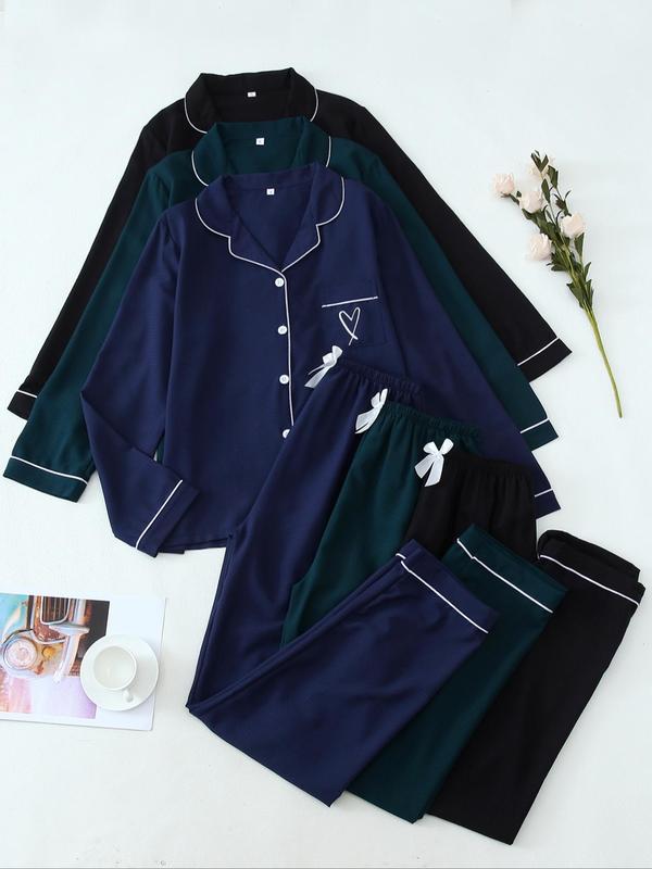 Six Counts Women's Heart Embroidered Pocket Longsleeves Button Up Shirt & Elastic Waist PJ Pants Lounge Clothes, Comfort Lapel Collar Blouse & Bow Pants Pyjama Set for Homewear, Fall Wear, Fallfreshness, 2 Piece Sets Women