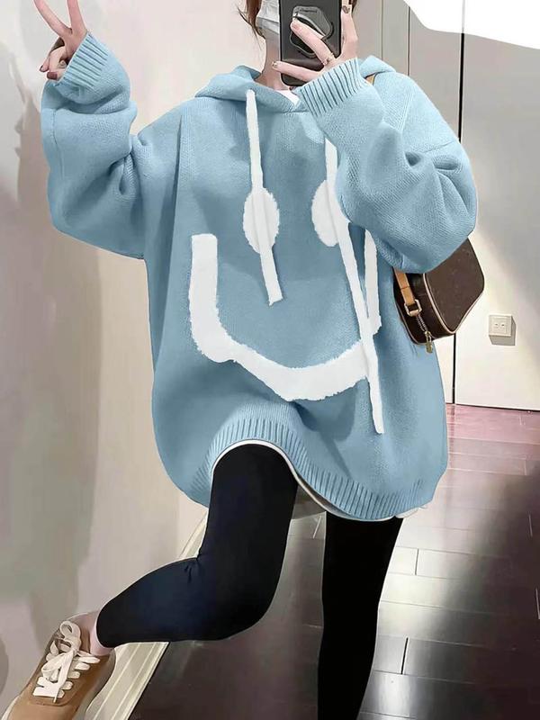 Women's Cartoon Face Print Drop Shoulder Hooded Sweater, Fashion Casual Long Sleeve Drawstring Hooded Sweater for Daily Holiday Outdoor Wear, Women Knitwear for Fall & Winter