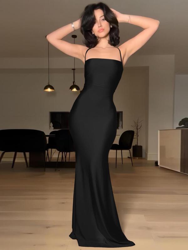 Women's Solid Criss Cross Backless Cami Mermaid Dress, Elegant Sleeveless Tie Back Maxi Dress for Party Club Dating Wear, Ladies Dress for Summer