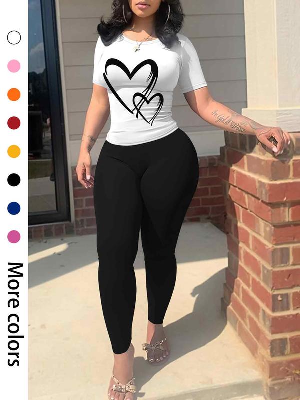 Two-Piece Set Women's Heart Print Short Sleeve Tee & Skinny Pants, Casual Round Neck T-shirt & Trousers for Spring & Fall, Ladies Clothes for Daily Wear