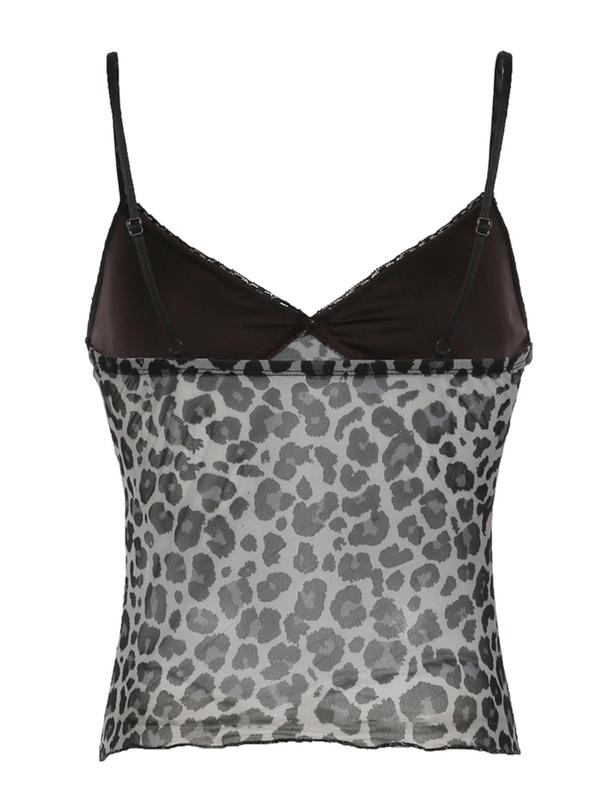 Women's Patchwork Leopard Print Bow Decor Lace Trim Cami Top, Sexy Fashion Adjustable Strap Crop Top, Women's Clothes for All Seasons