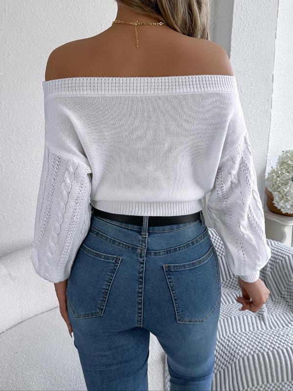 Women's Plain Off Shoulder Bishop Sleeve Sweater, Casual Long Sleeve Jumper for Fall & Winter, Fashion Ladies' Knitwear for Daily Wear