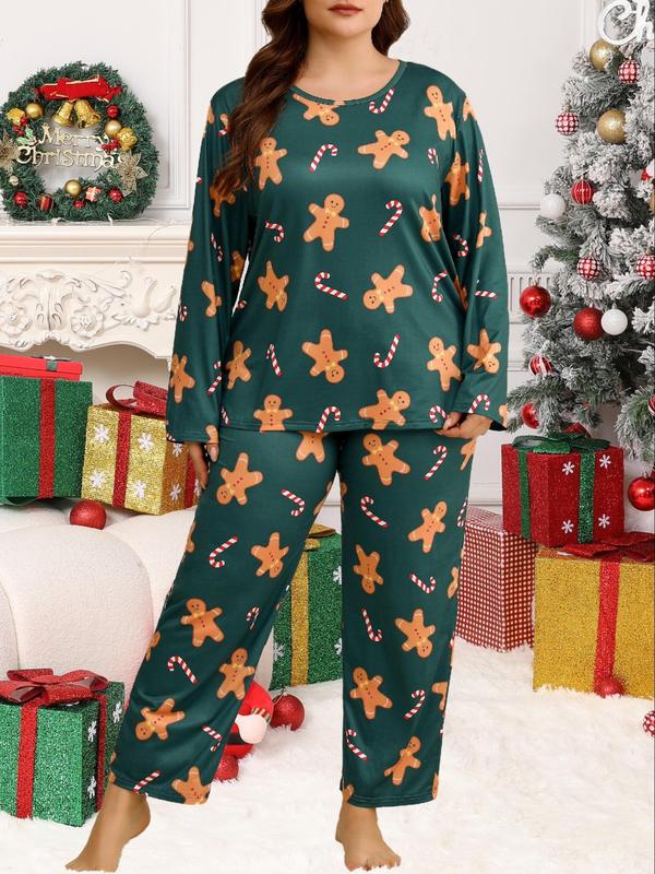  Two-Piece Set Christmas Print Long Sleeve Tee & Pants Pyjama, Casual Comfy Round Neck Top & Trousers PJ Set, Women's Sleepwear for Fall & Winter