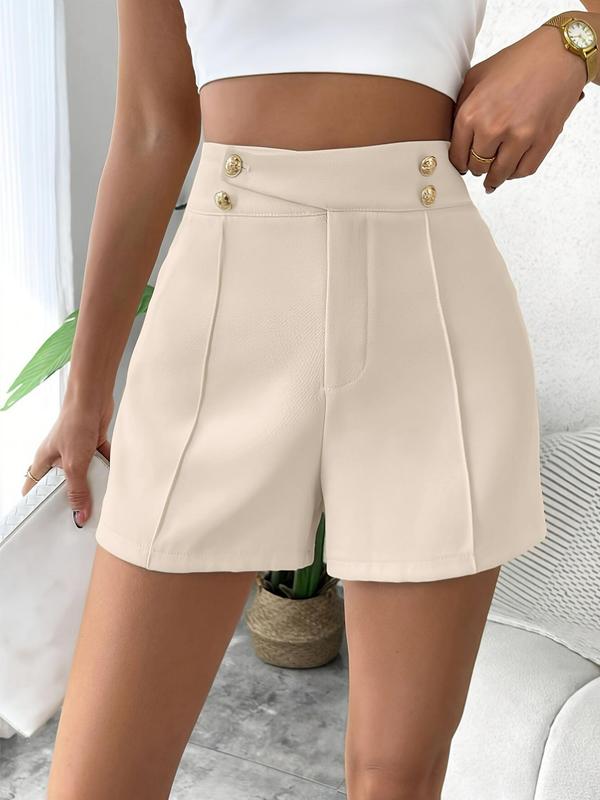 Women's Fake Buttons High Waist Shorts, Casual Solid High Rise Wide Leg Shorts, Ladies Summer Bottoms for Daily Wear