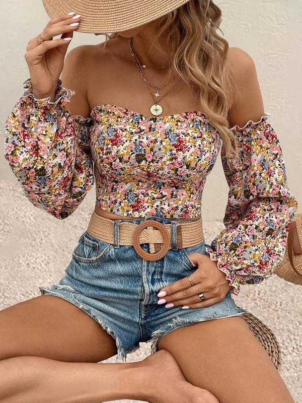 Women's Ditsy Floral Print Frill Shirred Off Shoulder Crop Blouse, Boho Flounce Sleeve Crop Top for Spring & Fall, Fall Clothing Women, Women's Clothes for Daily Vacation Outdoor, Comfort Womenswear, Summer Outfits 2024, Black Girl Outfits