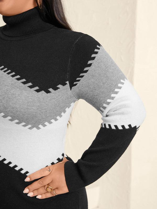 CURVZY Plus Size Colorblock Print Turtle Neck Sweater Dress, Casual Long Sleeve Bodycon Knit Dress for Fall & Winter, Women's Clothes for Daily Wear