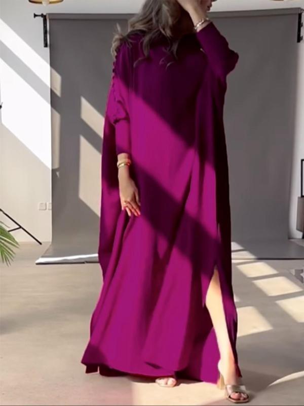 Women's Plain Asymmetrical Neck Split Hem Dress, Elegant Batwing Sleeve Long Dress for Party Holiday Wedding Guest, Ladies Spring & Fall Clothes