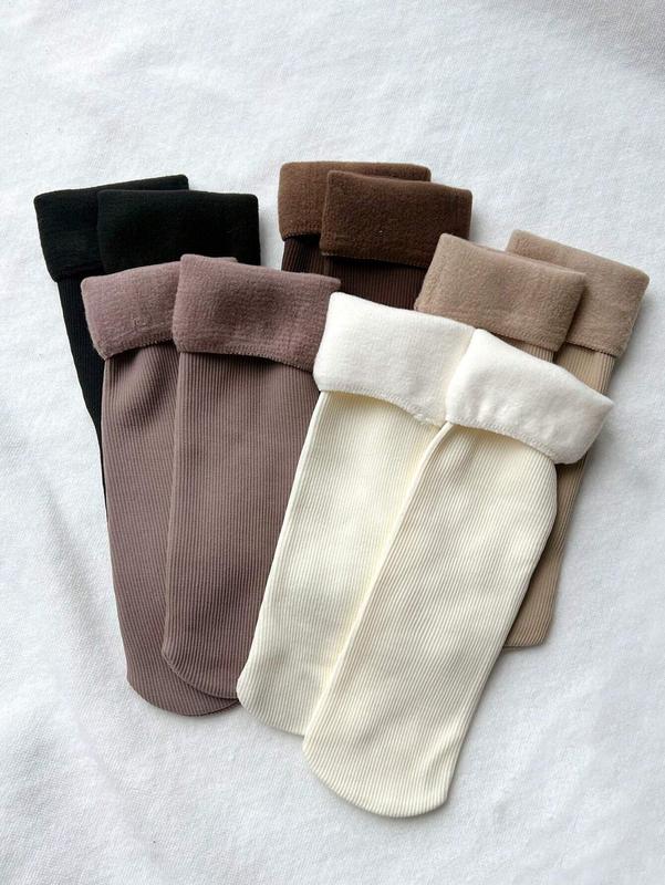 5 Pairs Women's Thickened Mid-calf Thermal Snow Socks With Straight Patterns, Winter