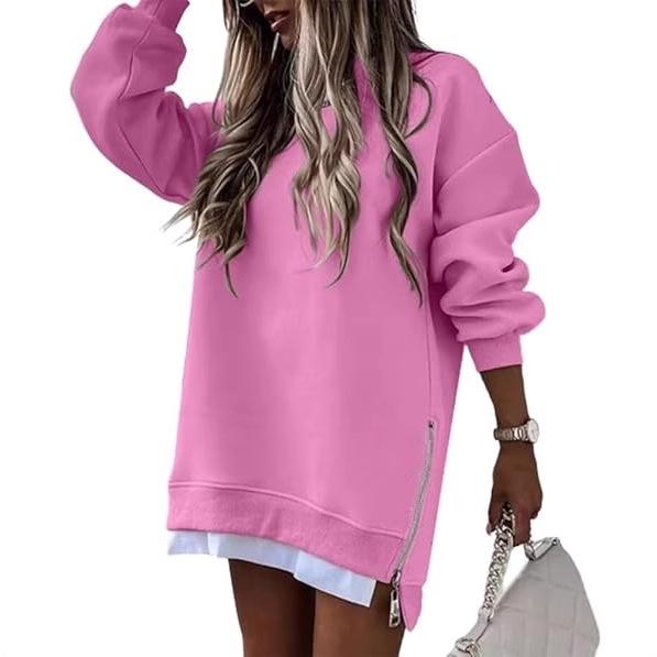 Womens Long Sleeve Pullover Sweatshirt Zipper Slit Casual Dress