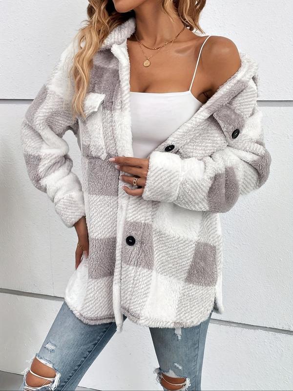 Women's Plaid Print Button Front Drop Shoulder Fleece Jacket, Casual Long Sleeve Collared Outerwear for Fall & Winter, Ladies Clothes for Daily Wear