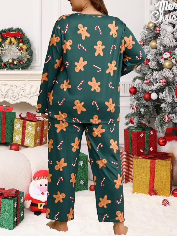  Two-Piece Set Christmas Print Long Sleeve Tee & Pants Pyjama, Casual Comfy Round Neck Top & Trousers PJ Set, Women's Sleepwear for Fall & Winter