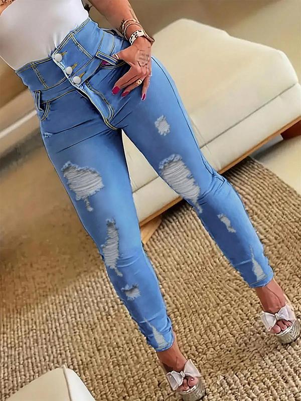 Women's Plain Ripped Button Fly Skinny Denim Jeans, Fashion Casual High Waist Pocket Design Jeans for Daily Outdoor Wear, Women Jeans, Ladies Bottoms for All Seasons High Waist Jeans