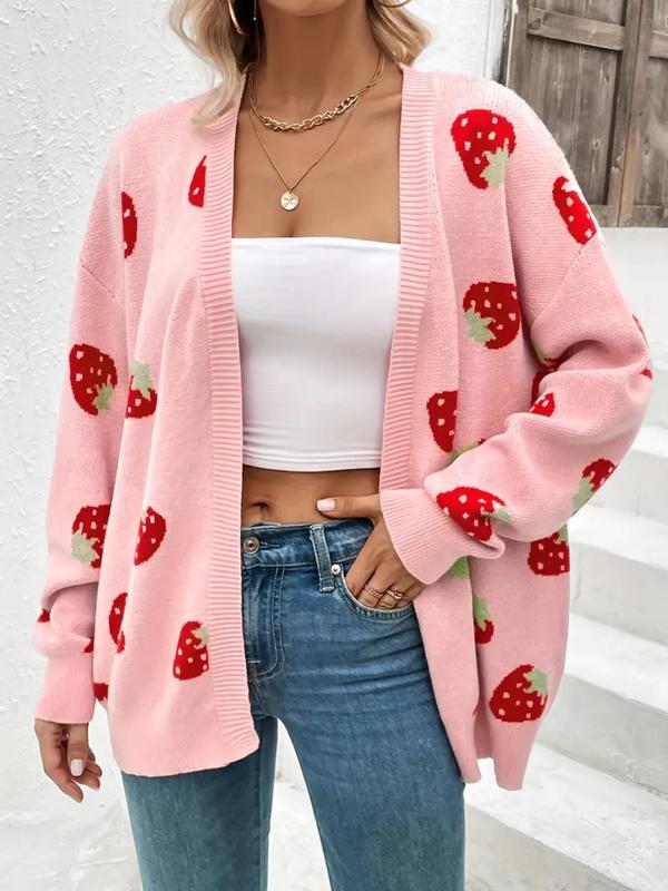  Strawberry Print Drop Shoulder Cardigan, Casual Long Sleeve Open Front Knitwear for Fall & Winter, Women's Plus Clothing for Daily Wear, Going Out Outifits