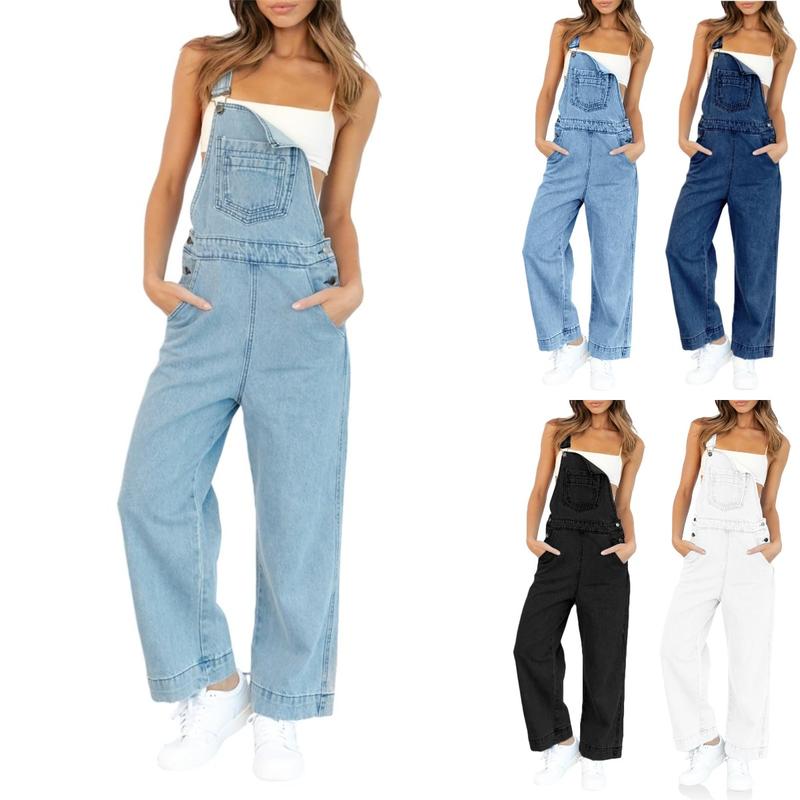 Goranbon Womens Jean Bib Overalls Adjustable Casual One Piece Jumpsuits Revolt Juniors Stretch Wide Leg Loose Denim Pants