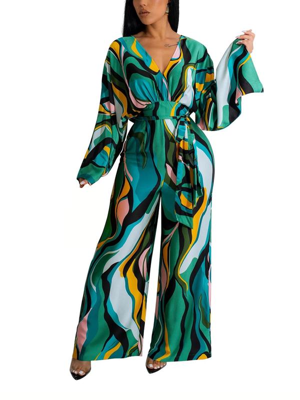 Women's Colorblock Print Belted Wrapped V Neck Wide Leg Jumpsuit, Casual Long Sleeve Tie Back Jumpsuit for Summer, Fashion Ladies' Clothes