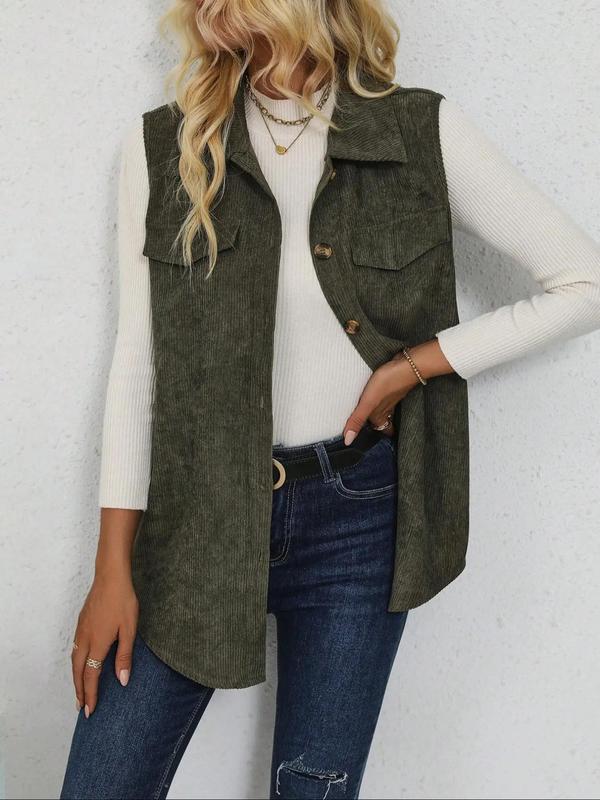 Women's Solid Button Front Corduroy Vest Coat, Casual Sleeveless Collared Outerwear for Spring & Fall, Ladies Clothes for Daily Wear