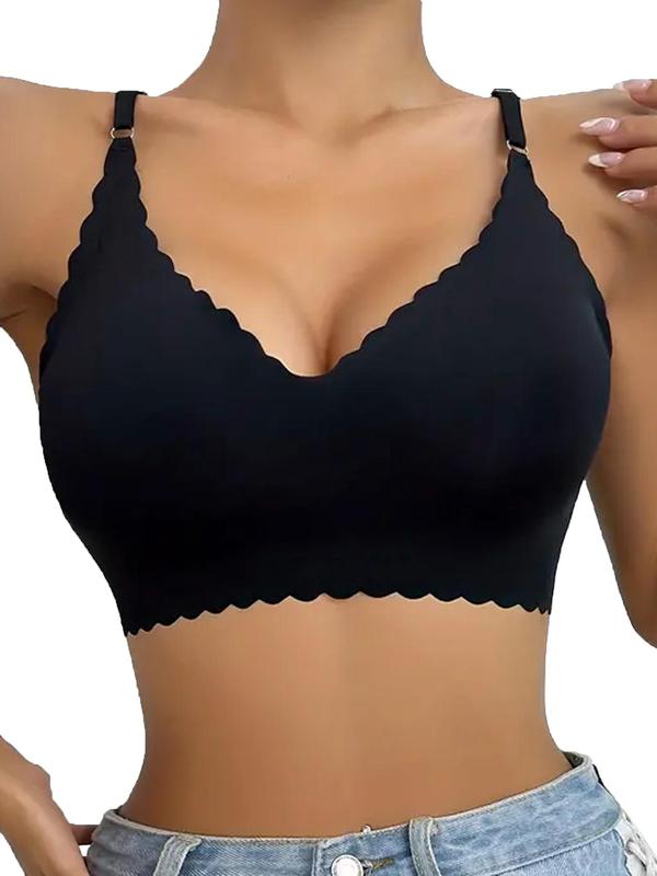 Women's Basic Plain Scallop Trim Adjustable Strap Bra, Push Up Bra, Casual Solid Wireless Bra, Summer Wear 2024, Soft Comfy Breathable Lingerie for All Seasons