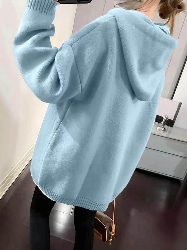 Women's Cartoon Face Print Drop Shoulder Hooded Sweater, Fashion Casual Long Sleeve Drawstring Hooded Sweater for Daily Holiday Outdoor Wear, Women Knitwear for Fall & Winter