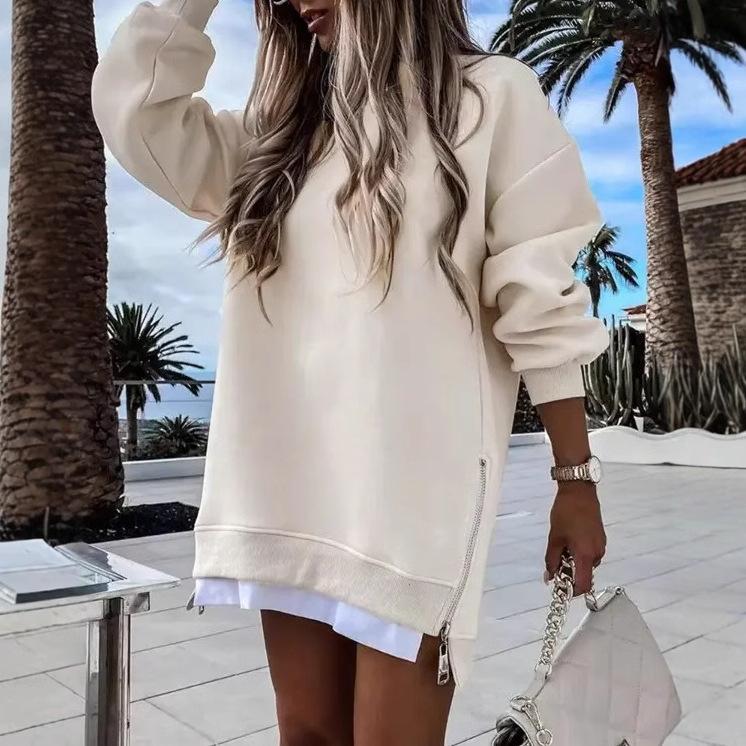 Womens Long Sleeve Pullover Sweatshirt Zipper Slit Casual Dress