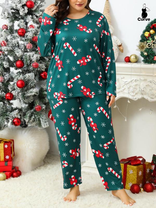  Two-Piece Set Christmas Print Long Sleeve Tee & Pants Pyjama, Casual Comfy Round Neck Top & Trousers PJ Set, Women's Sleepwear for Fall & Winter