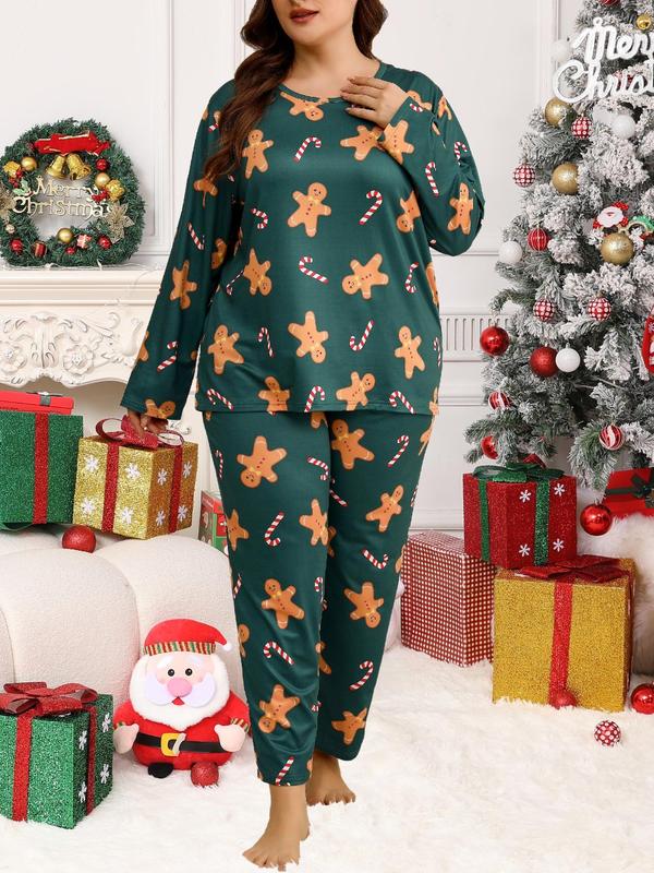  Two-Piece Set Christmas Print Long Sleeve Tee & Pants Pyjama, Casual Comfy Round Neck Top & Trousers PJ Set, Women's Sleepwear for Fall & Winter