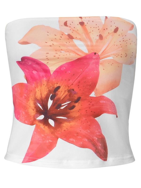 Women's Floral Print Backless Crop Tube Top, Fashion Casual Sleeveless Top for Daily Outdoor Wear, Women's Clothes for Summer