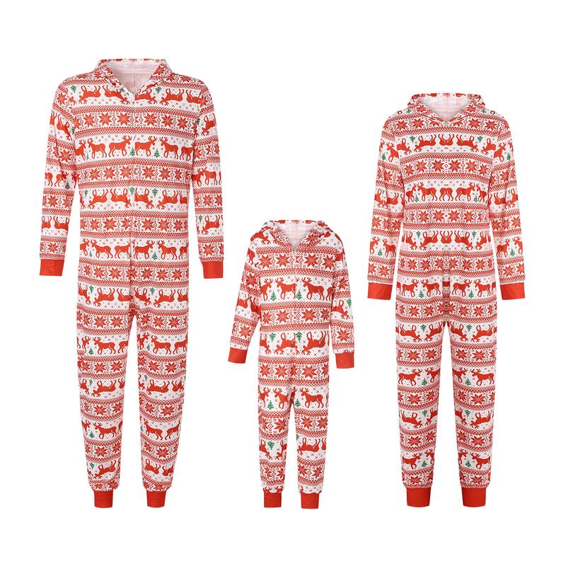 Matching Family Christmas Pajamas, Long Sleeve Zip Up Hooded Jumpsuit for Adults and Kids