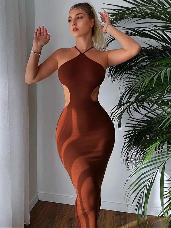 Women's Solid Color Tie Shoulder Bodycon Dress, Fashion Casual Cut Out Backless Dress for Party Club Dating Wear, Women Dress for Summer