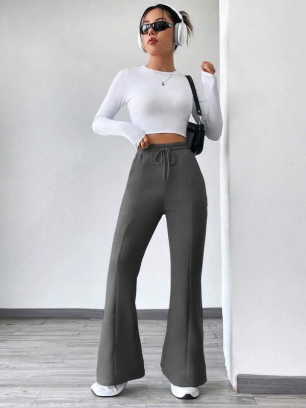 Women's Solid Drawstring Waist Flare Leg Pants, Casual Comfy High Waist Bell Bottom Trousers for Fall & Winter, Women's Bottoms for Daily Wear