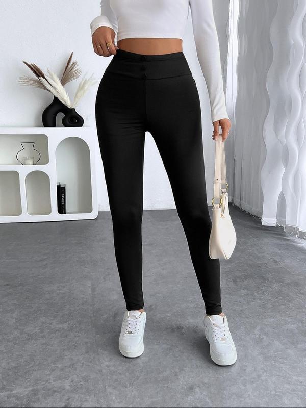 Women's Solid Fake Buttons High Waist Leggings, Casual Comfy Skinny Pants for Daily Wear, Ladies Bottoms for Fall & Winter