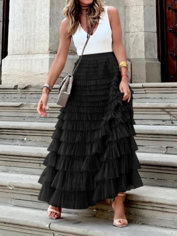  Solid Color Tiered Layer Tulle Skirt, Elegant Fashion Casual A Line Maxi Skirt for Daily Outdoor Wear, Women Clothing for All Seasons