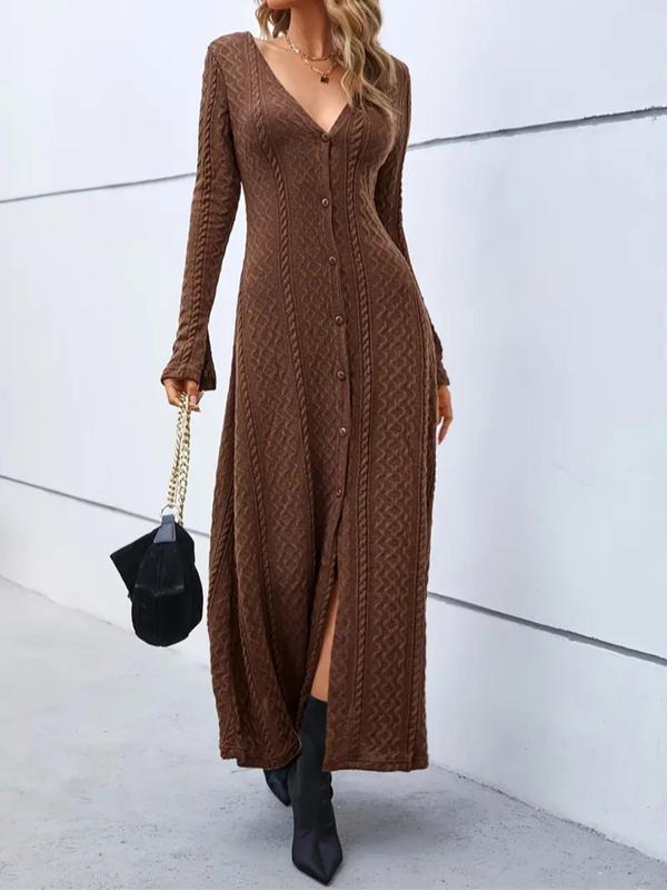 Women's Plain Button Front Split Hem Flounce Sleeve A Line Dress, Casual V Neck Long Sleeve Dress for Fall & Winter, Women's Clothing for Daily Wear