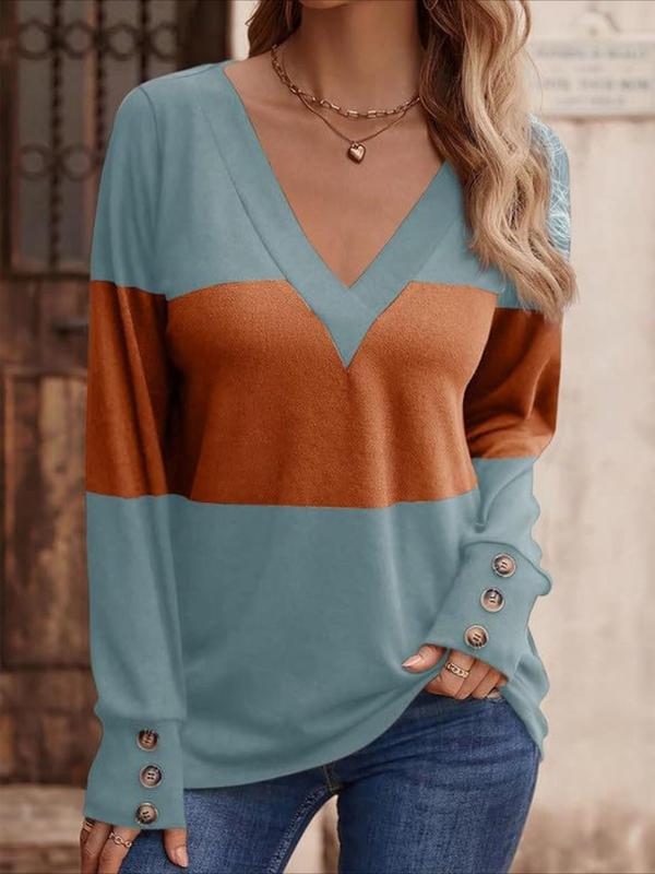 Women's Colorblock Print Button Decor Drop Shoulder Tee, Casual Long Sleeve V Neck T-Shirt for Daily Wear, Ladies Clothes for All Seasons