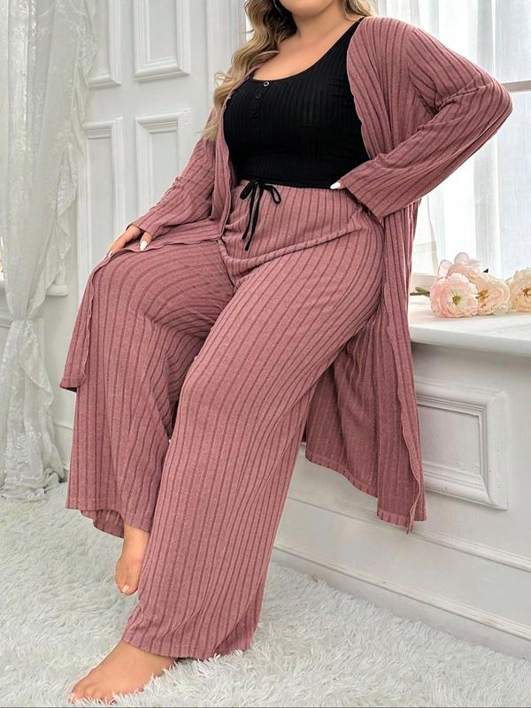  Three-Piece Set Solid Scoop Neck Crop Top & Drawstring Waist Pants & Open Front Long Sleeve Outwear Loungewear Set, Casual Comfy Pyjama Set for Women, Women's Sleepwear for All Seasons