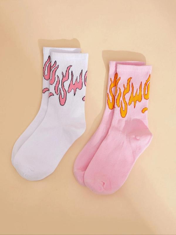 2 Pairs Fire Print Crew Socks, Fashion Casual Comfy Socks for Daily Outdoor Wear, Women's Socks for All Seasons