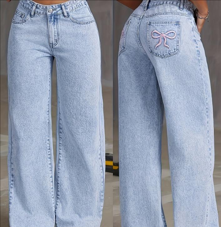 2024 Spring And Autumn New High-waisted Straight-leg Wide-leg Pants Casual Loose Embroidered Bow Jeans