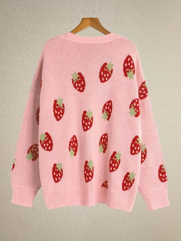  Strawberry Print Drop Shoulder Cardigan, Casual Long Sleeve Open Front Knitwear for Fall & Winter, Women's Plus Clothing for Daily Wear, Going Out Outifits