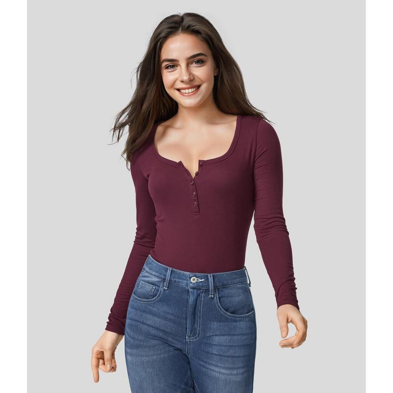 Halara Ribbed Henley Neck Long Sleeve Slim Casual Top