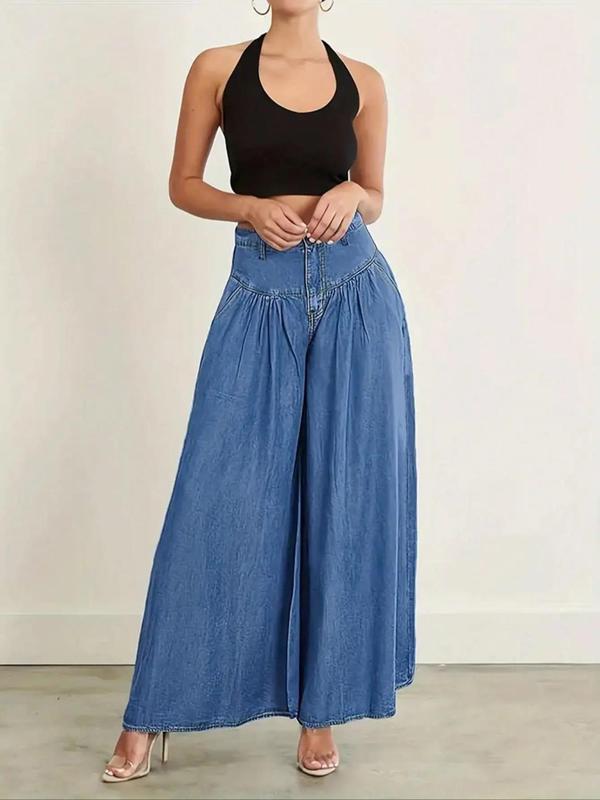 Superfancy exclusive Women's Plain Button Fly Wide Leg Pants, Casual Fashion Pocket Fake Jeans for Daily Wear, Ladies Bottoms for All Seasons