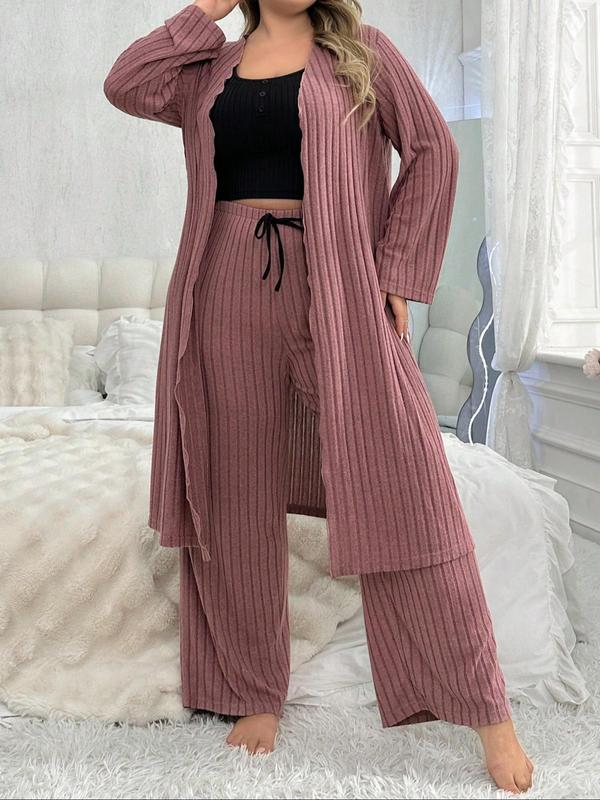  Three-Piece Set Solid Scoop Neck Crop Top & Drawstring Waist Pants & Open Front Long Sleeve Outwear Loungewear Set, Casual Comfy Pyjama Set for Women, Women's Sleepwear for All Seasons