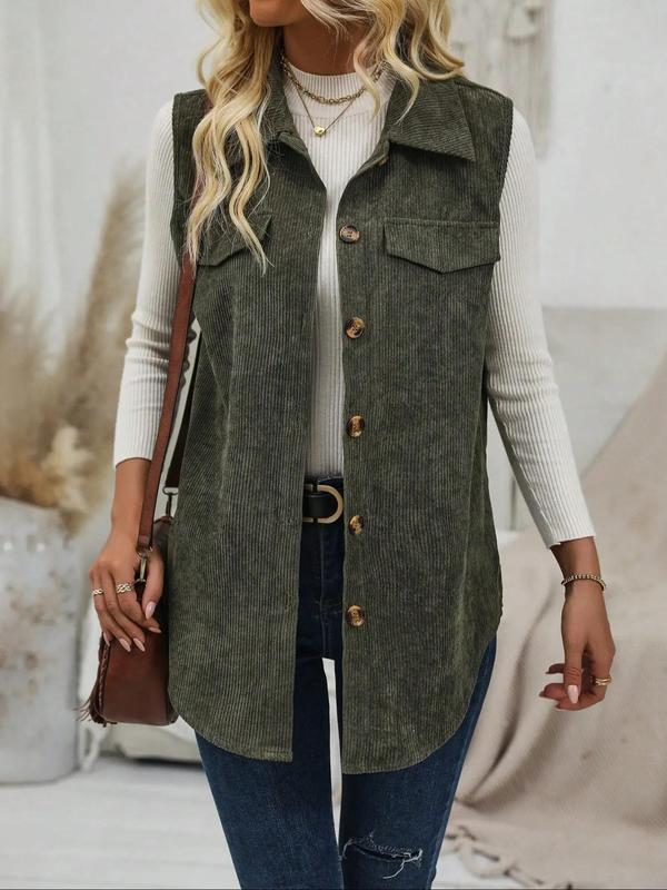 Women's Solid Button Front Corduroy Vest Coat, Casual Sleeveless Collared Outerwear for Spring & Fall, Ladies Clothes for Daily Wear