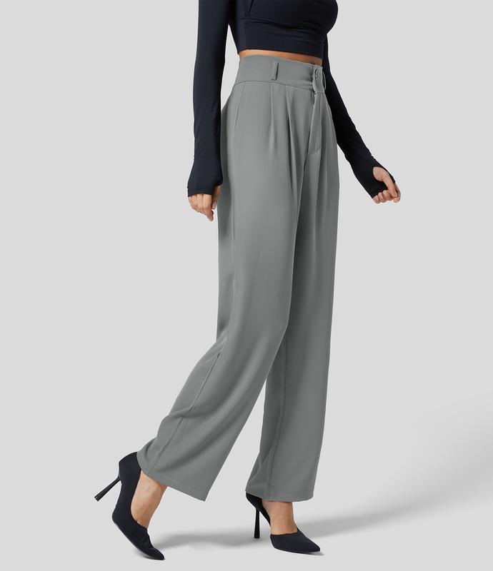 Halara High Waisted Button Zipper Plicated Side Pocket Shirred Straight Leg Work Suit Pants