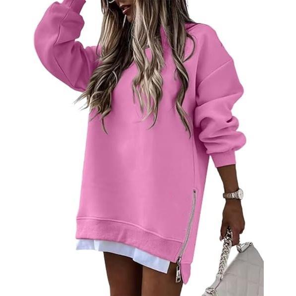 Womens Long Sleeve Pullover Sweatshirt Zipper Slit Casual Dress