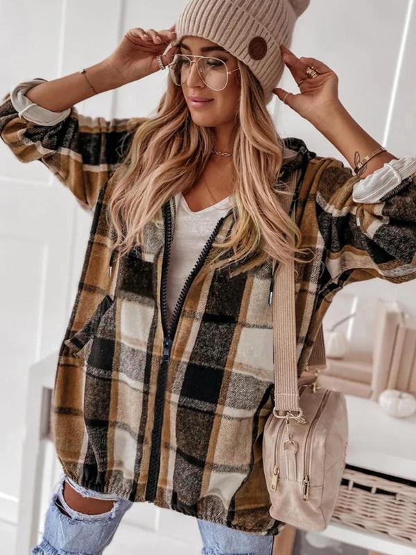  Plaid Print Drawstring Zip Up Hooded Jacket, Casual Long Sleeve Pocket Outerwear for Fall & Winter, Women's Clothes for Daily Wear