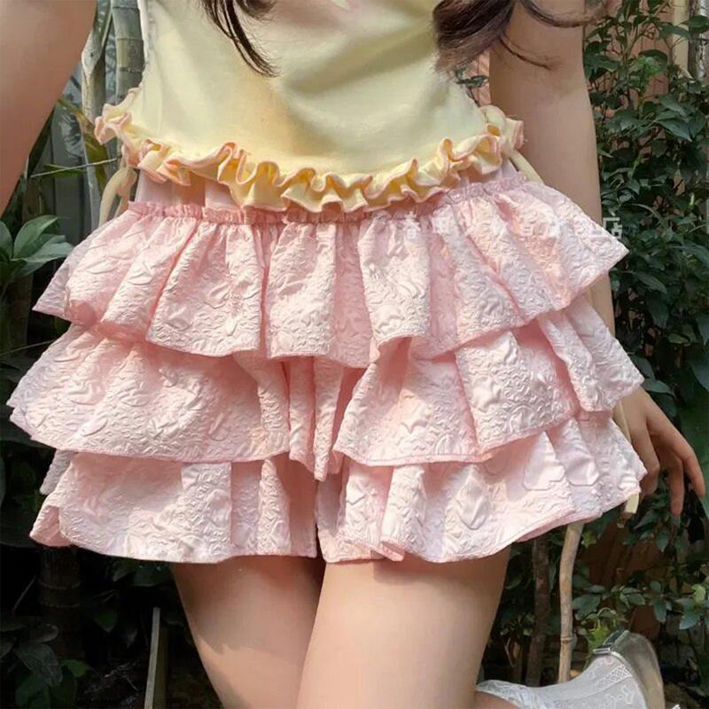 Women Cute Ruffled Layered Bloomers Mini Shorts Elastic Waits Solid Color Ruched Layered Shorts Skirts Ruched Mini Skirts Summer Casual Shorts Bubble Skirts Pumpkin Shorts Pants y2k Shorts