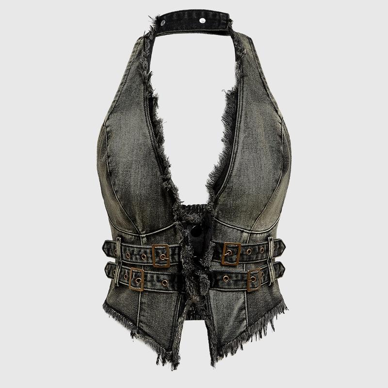 ROMWE Hippie Women's Deep V-Neck Backless Denim Top With Fringe Detail, Sleeveless