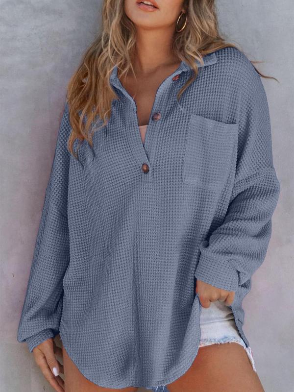 Women's Plain Waffle Knit Button Front Drop Shoulder Polo Shirt, Casual Curved Hem Long Sleeve Pocket Top for Fall, Women's Clothing for Daily Wear