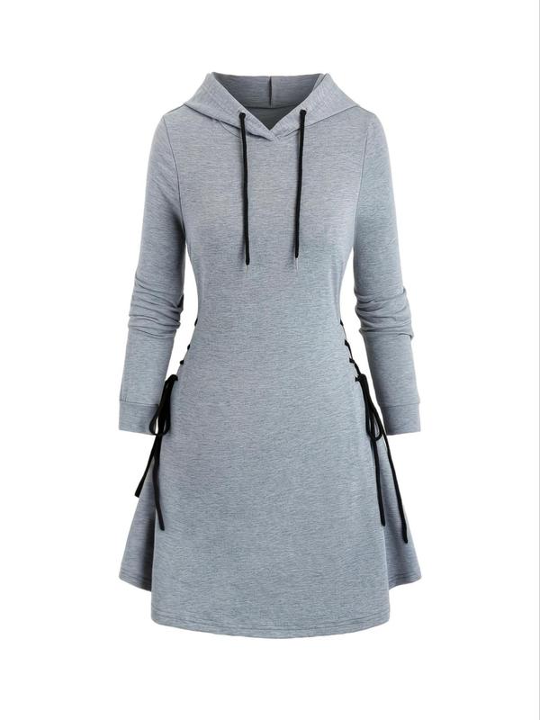  Solid Drawstring Lace Up Hooded Sweatshirt Dress, Casual Long Sleeve High Waist Hoodie Dress for Fall & Winter, Women's Clothing, Dresses for Women, Fashion Cozy Women's Clothes for Daily Wear, Fall Clothes